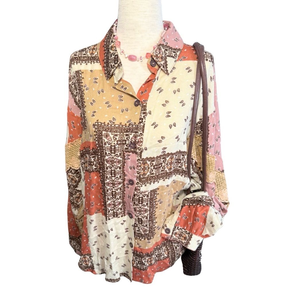 Boho Patchwork Paisley Blouse Vintage Inspired Scarf Print‎ Top